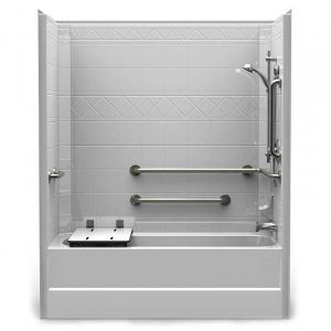 This single piece, preleveled diamond tile tub/shower combination has optional left or right drain, with varying threshold heights. 